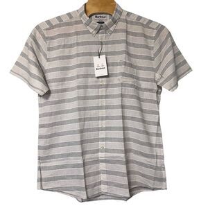 Barbour Somerby Tailored‎ Linen Blend Olive Stripe XXL Short Sleeve Shirt Pocket